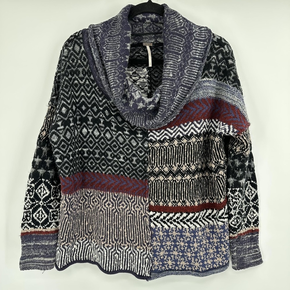 Free People Sweater Womens Small Multicolor Cowl Neck Patchwork Mixed Knit‎ Boho